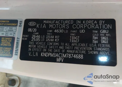 2021 Kia Sportage Lx z USA, uszkodzony, nr VIN KNDPM3AC1M7874688